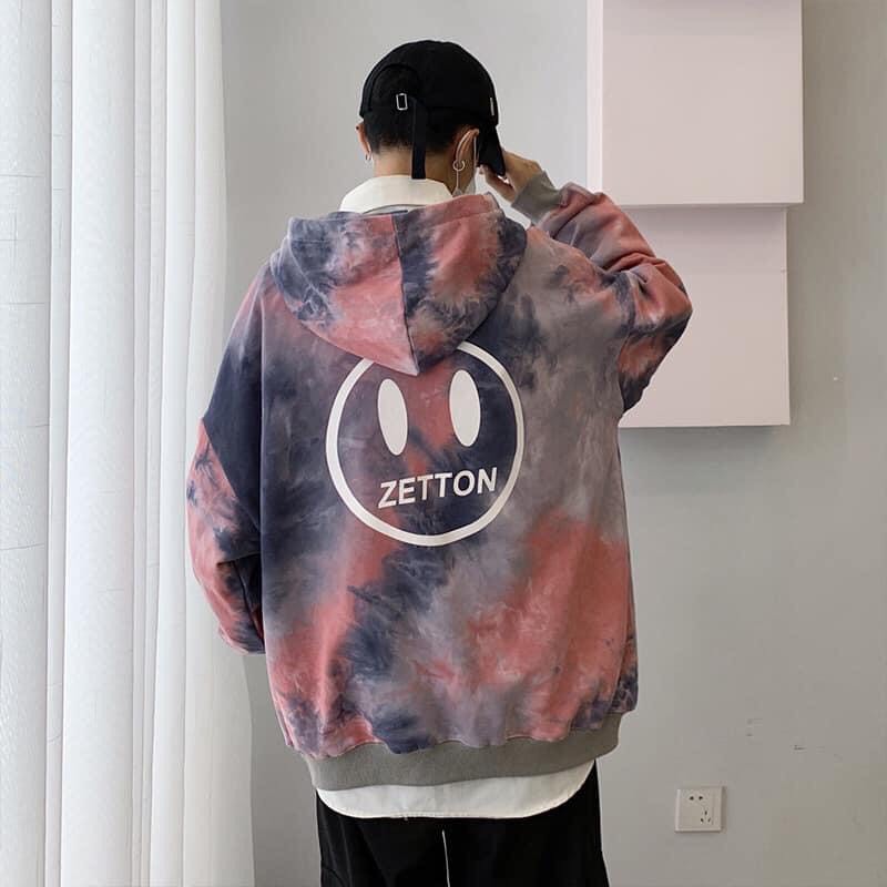 Áo Hoodie Nỉ Loang Có Mũ Hình Khuôn Mặt Unisex Dáng Rộng ZETON