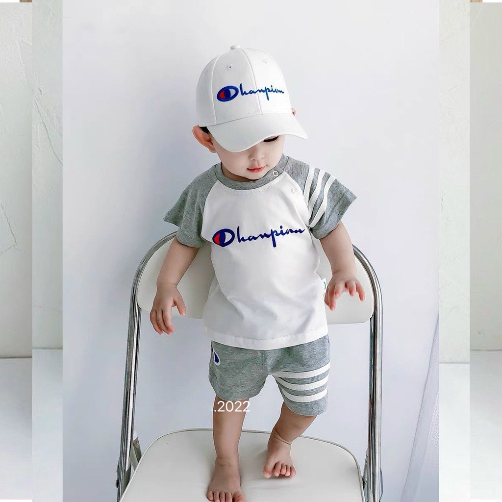 Bộ cộc tay bé trai, set 3ct bộ cotton Championn phối tay bkèm mũ cho bé-Bm_babyshop68