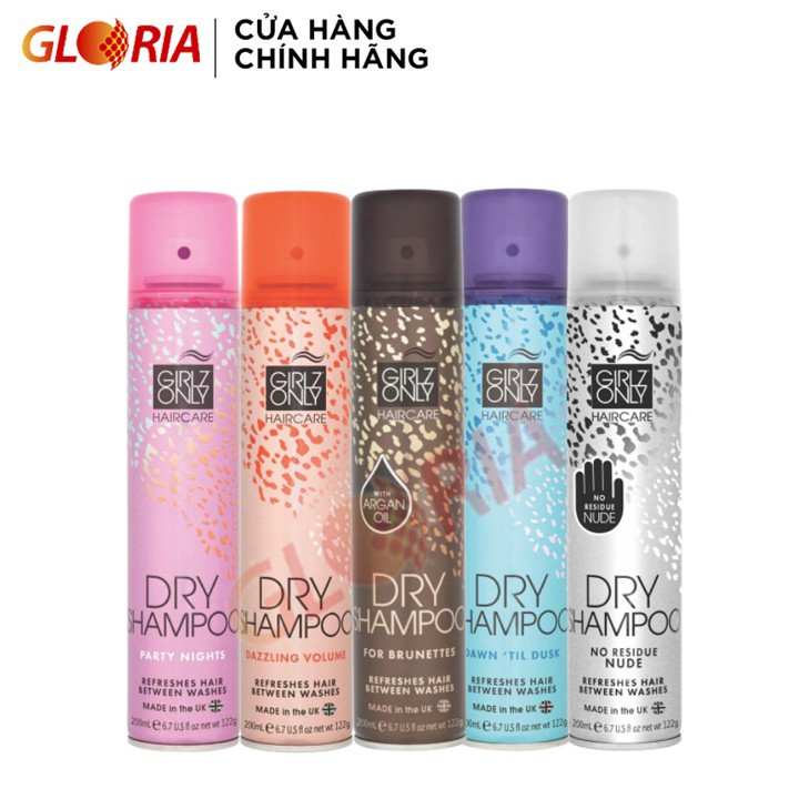 Dầu Gội Khô Girlz Only Party Nights / Dawn 'Til Dusk / Dazzling Volume / For Brunettes / No Residue Nude 200ml