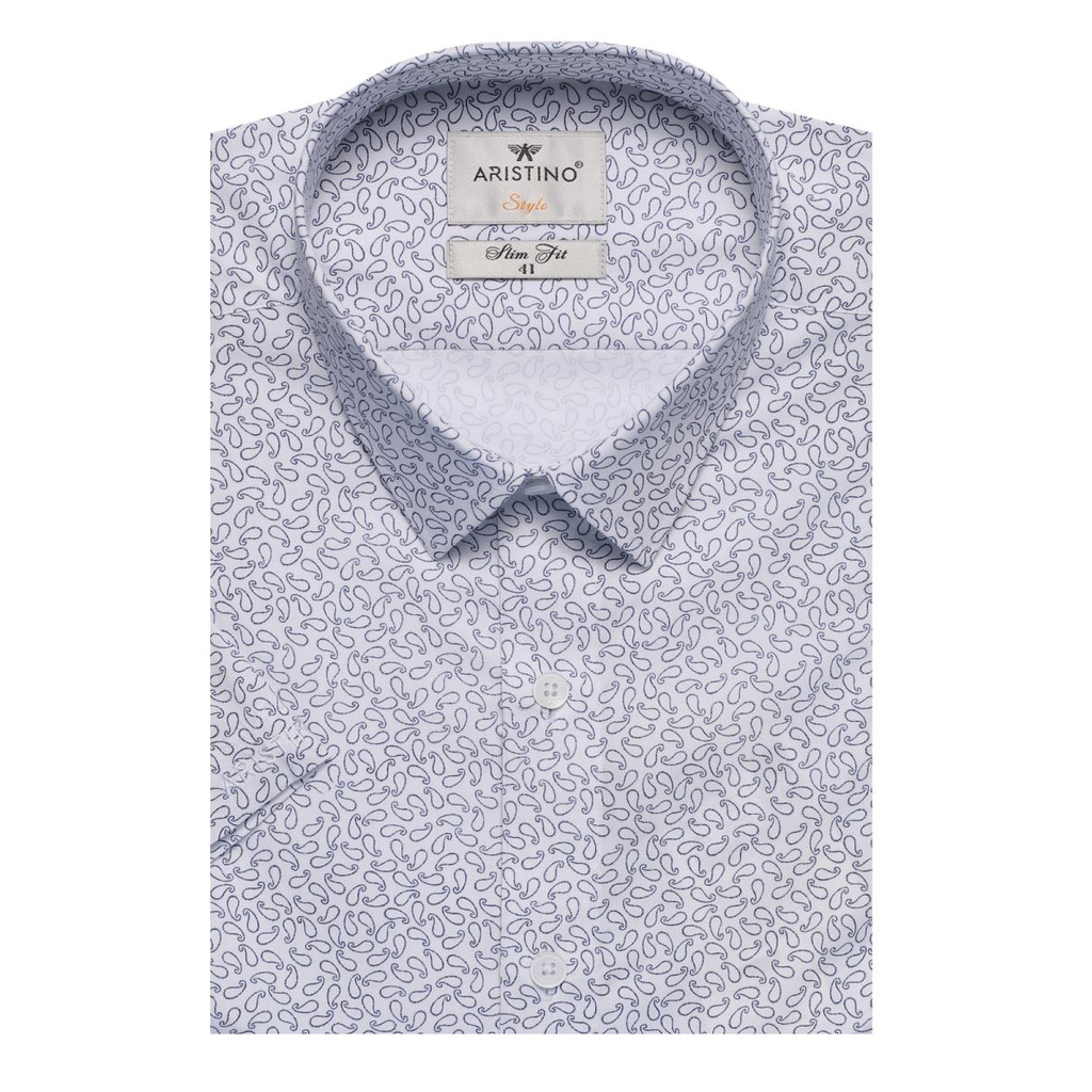Áo Sơ Mi Nam Tay Ngắn Aristino ASS065S9 Màu Trắng In Họa Tiết Lá Dáng Slim Fit Vải Sợi Sồi
