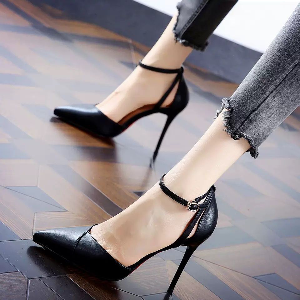 Beige evening dress super high heels pointed toe stiletto buckle single shoes women