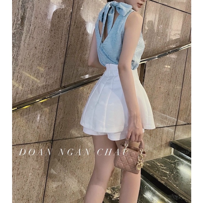 ❤️Set áo xanh khoét ngực thắt nơ + short trắng ❤️❤️