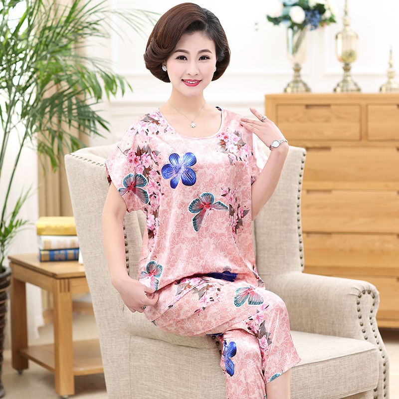 Bộ Đồ Ngủ Ngắn Tay Bằng Lụa Dành Cho Phụ Nữ Trung Niên | BigBuy360 - bigbuy360.vn