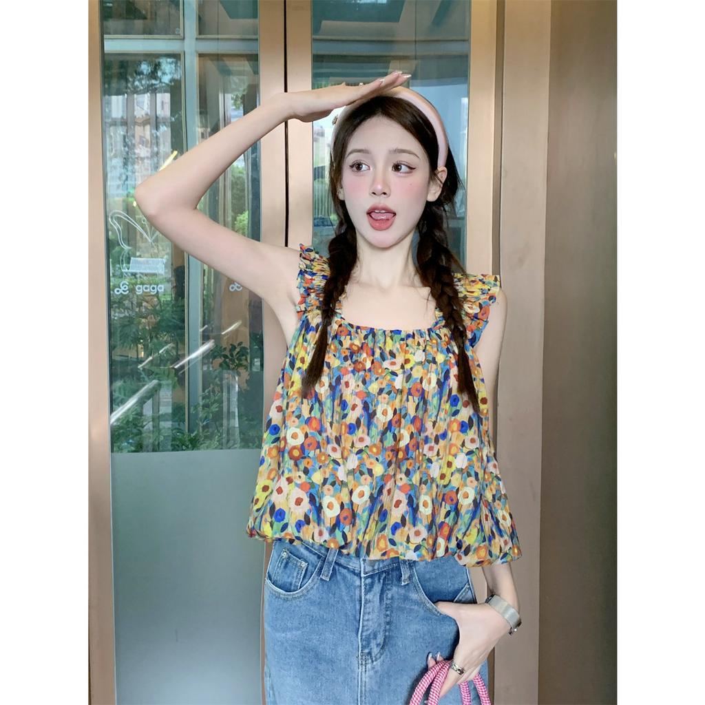 Xiaozhaniv Áo Tank Top Hai Dây Dáng Rộng Họa Tiết Tranh Sơn Dầu Hoa Kiểu Pháp Ngọt Ngào Cho Nữ