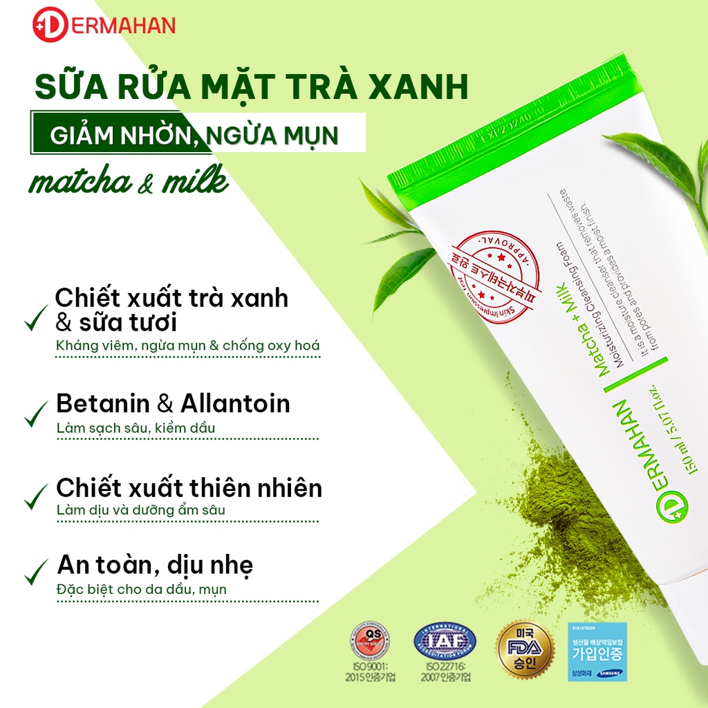Sữa Rửa Mặt Trà Xanh Giảm Nhờn, Ngừa Mụn Dermahan Matcha & Milk Moisturizing Cleansing Foam 150ml Bulsan Beauty