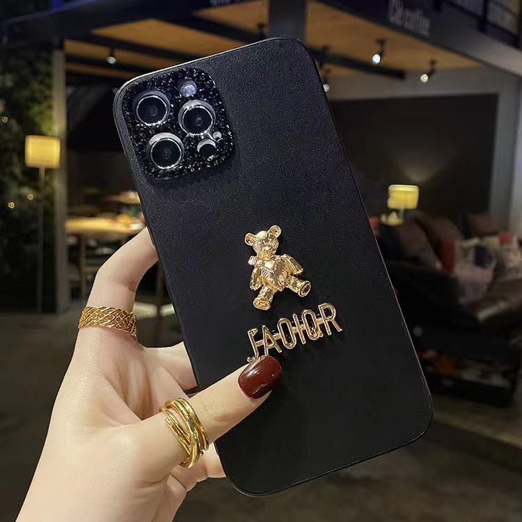 Luxury Brand Bear Metal three-dimensional bear Flash Diamond Lens Frame phone cases for iphone 13 Pro Max i13 13pro 11 Pro Max i11 12Pro 12 Pro Max Protective Back Cover