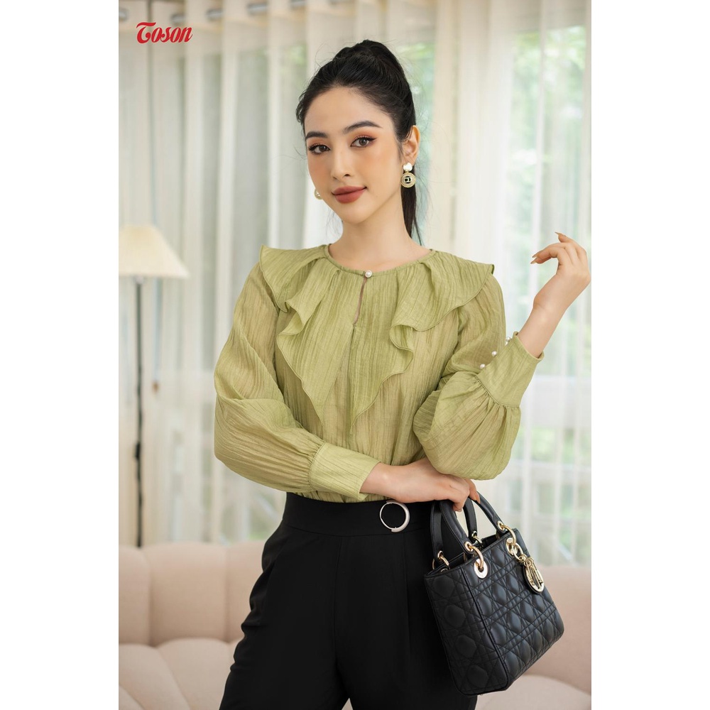 Áo sơ mi tơ xanh cốm cổ bèo to cắt chéo Toson 11964X52