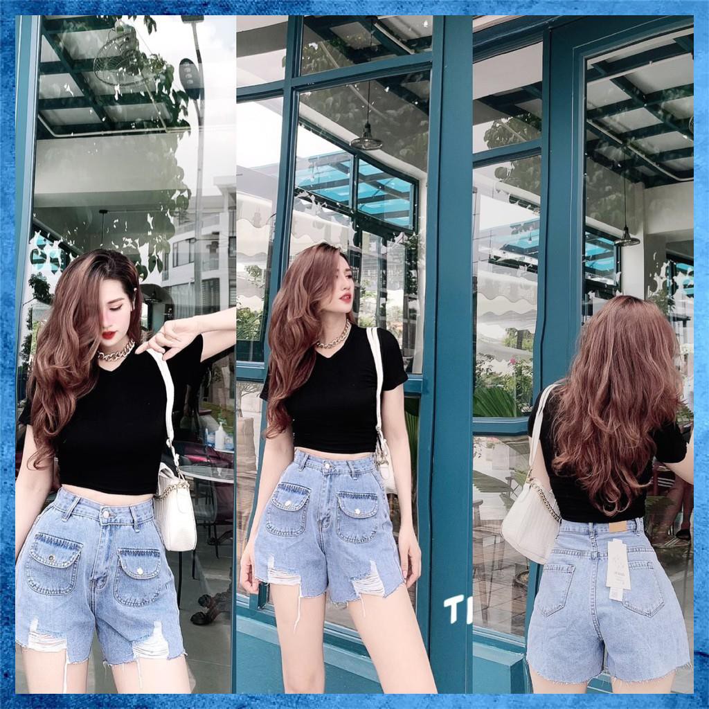 [Jeans nữ thiết kế] Quần sooc bò rách, quần shorts jeans lưng cao, túi nắp 1 khuy. Mã S7095