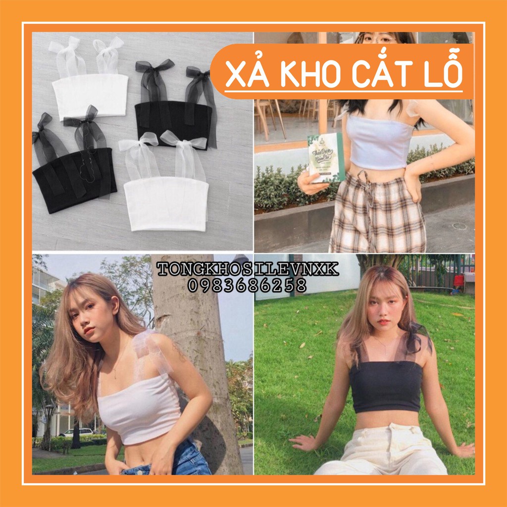 [Xả kho] ÁO 2 DÂY CROPTOP LƯỚI THẮT NƠ ĐEN TRẮNG BOZIP  - ÁO QUÂY NGỰC BUỘC VAI NƠ REN KIỂU