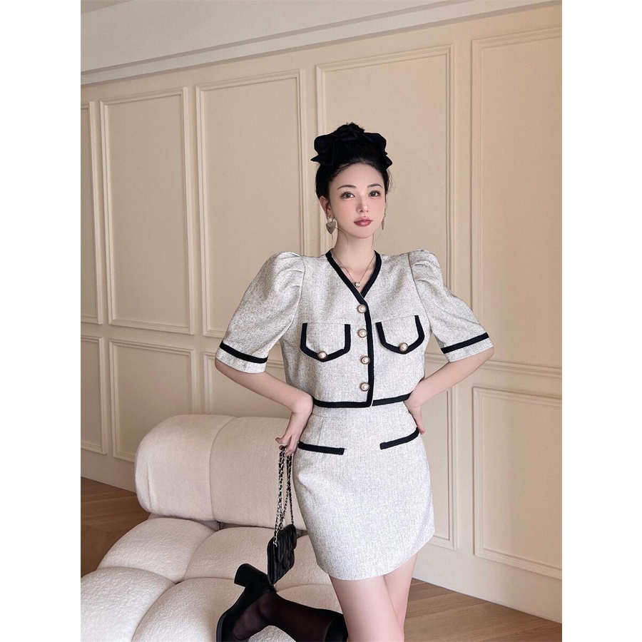 Set váy nữ tiểu thư áo croptop sang chảnh Hàn Quốc mùa hè SVN005