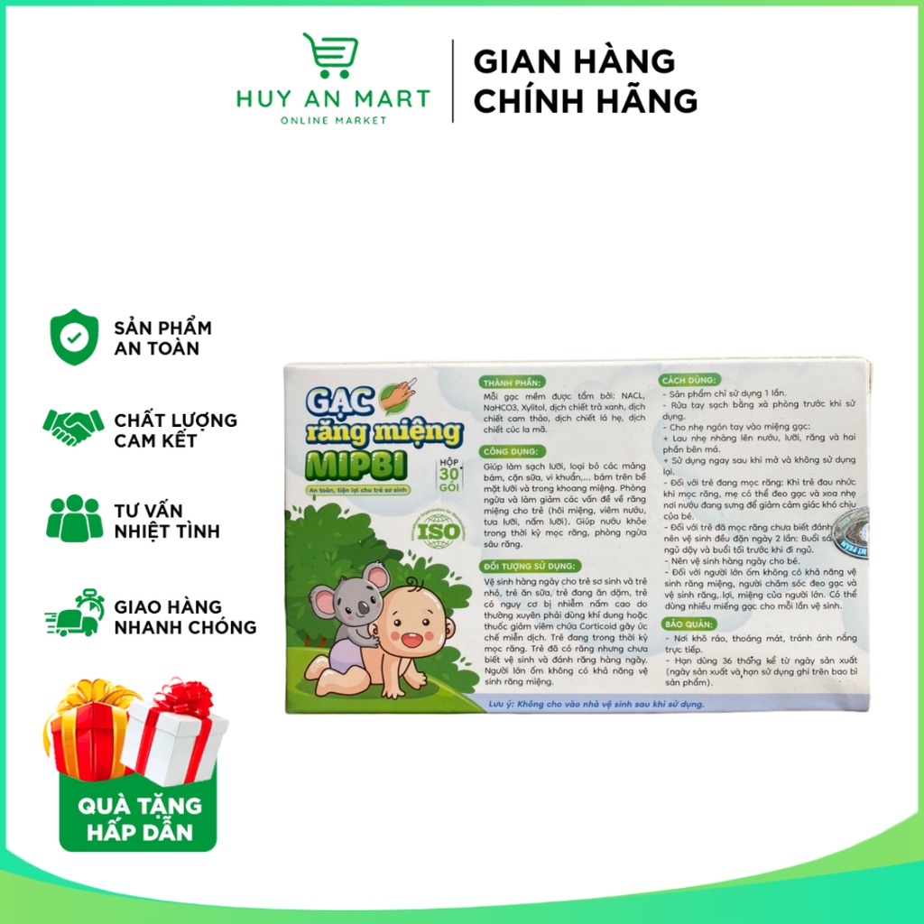 Gạc răng miệng Mipbi hộp 30 gói ⚡FREESHIP⚡ Rơ lưỡi Mipbi làm sạch và bảo vệ răng miệng cho bé