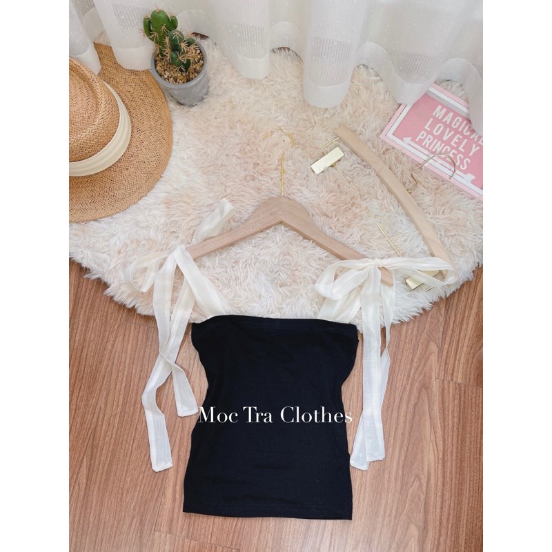 Áo hai dây thắt nơ vai tiểu thư dáng ôm siêu xinh, Áo kiểu nữ 2 dây phối nơ tơ lụa chất cotton zip đẹp giá rẻ | BigBuy360 - bigbuy360.vn