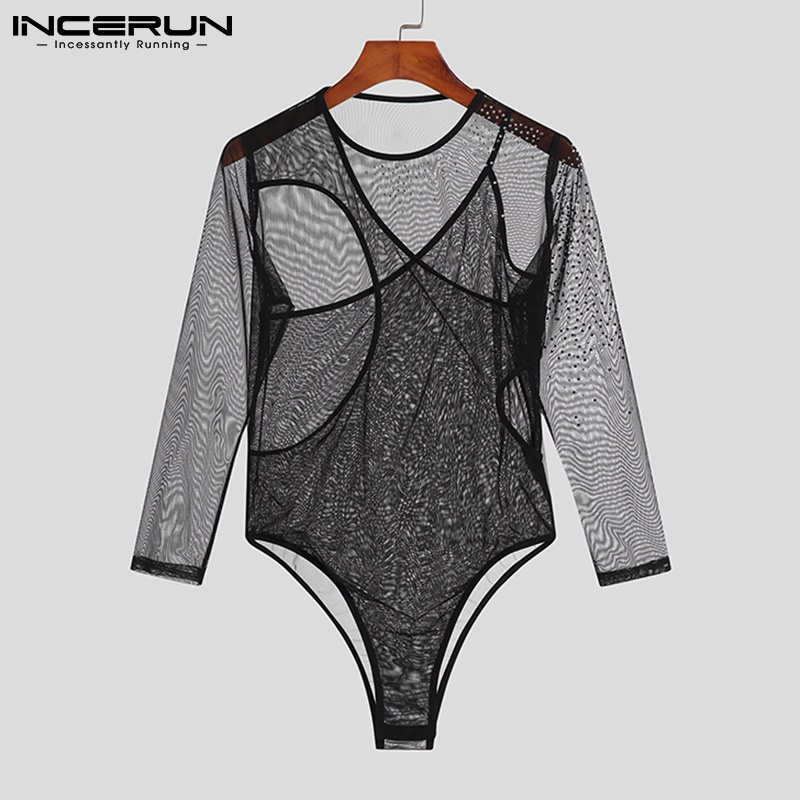 Áo liền quần INCERUN dài tay cổ tròn thiết kế xuyên thấu thời trang cho nam