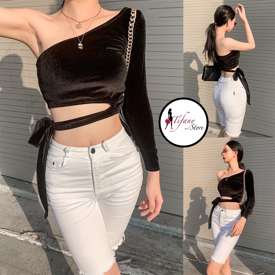 Áo kiểu croptop hở vai tay dài cột dây eo "ÁO NHUNG"