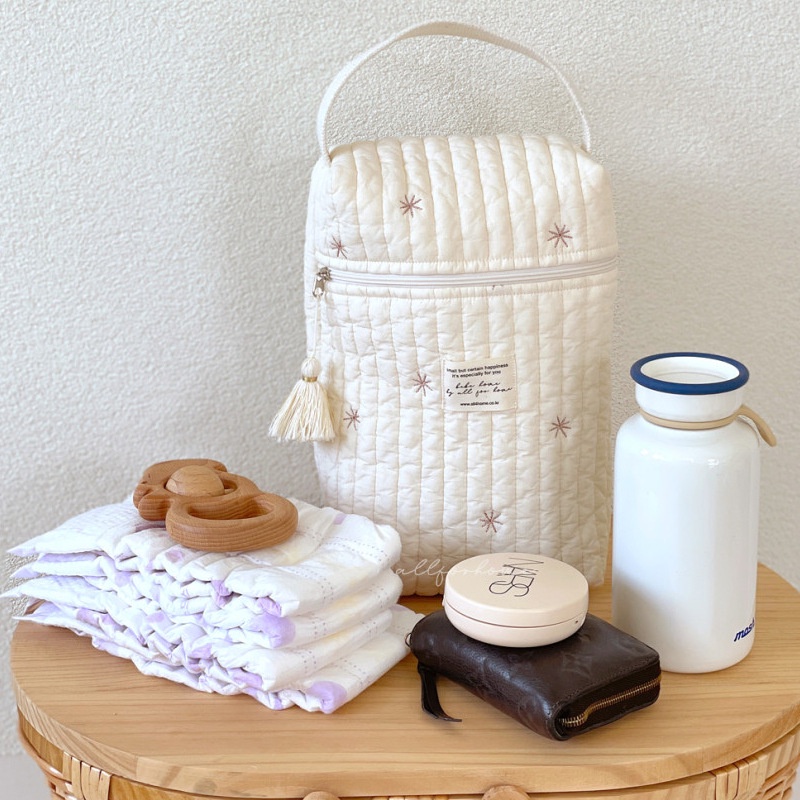 Túi Đựng Tã Lót Vải Cotton Nguyên Chất Thêu Họa Tiết Có Khóa Kéo Treo Xe Đẩy Em Bé Phong Cách Hàn Quốc Mới