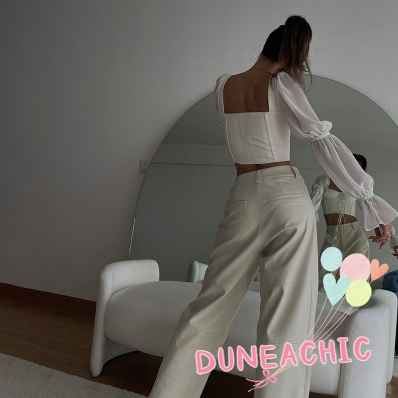 DUNEA Áo Croptop Cổ Vuông Phối Lưới Thời Trang Cho Nữ