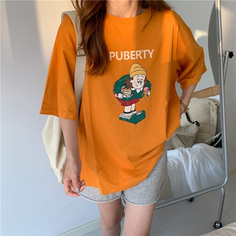 Áo Thun Tay Ngắn Cổ Tròn In Họa Tiết Hoạt Hình Phong Cách Hàn Quốc