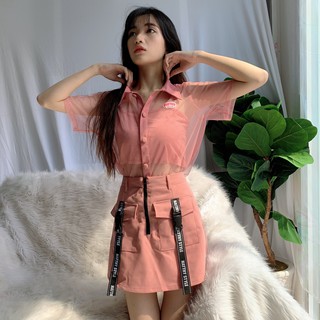 Áo lưới cổ sơ mi màu hồng