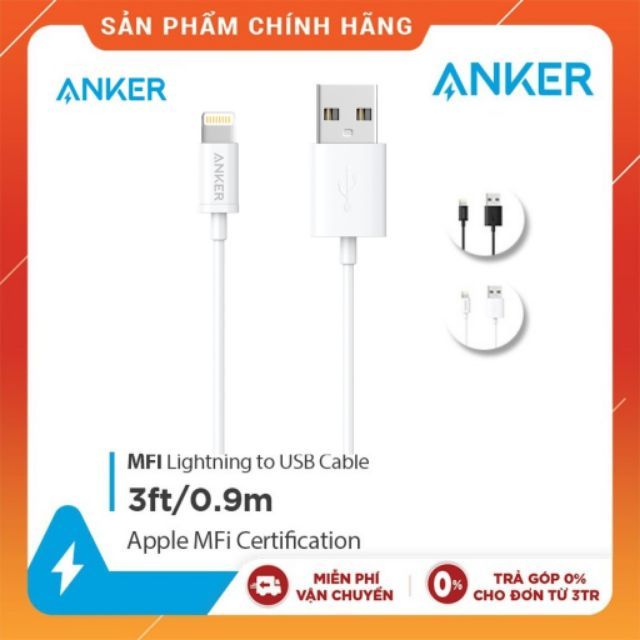 [Chính hãng] Dây cáp sạc Anker A7101 Lightning 0.9m - Trắng (Check code chính hãng)