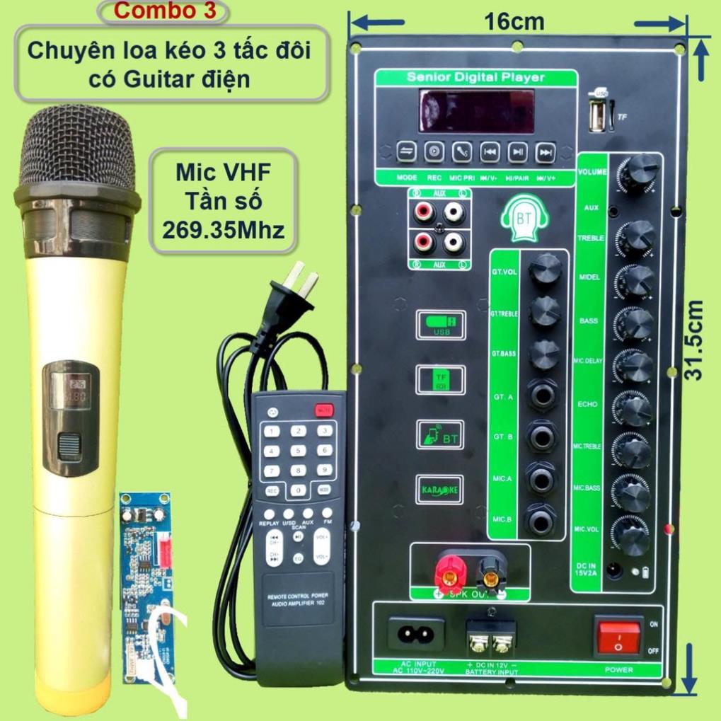 Mạch loa kéo 2 kênh 3 tấc đôi có Guitar điện 2 IC CS8676 120W + 120W có nguồn xung 220V kèm Micro đơn