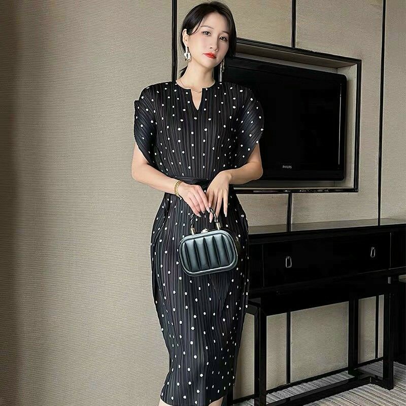 Hàng nhập - Đầm dáng ôm suông nhẹ tay cánh dơi, váy lụa xếp li dự tiệc thắt nơ eo