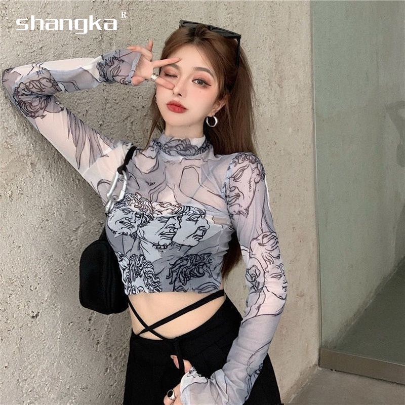 Áo Thun Nữ Cổ Cao Phối Xuyên Thấu Lưới áo Mặc Trong ôm Dáng áo Mẫu Ngắn Gợi Cảm Trong Suốt Kiểu Mỏng Phối Bên Trong Mùa Hè