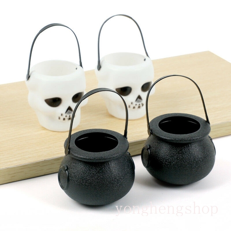 Set 2 Xô Đựng Kẹo Hình Bộ Xương Phù Thủy Có Giá Đỡ Treo Trang Trí Tiệc Halloween