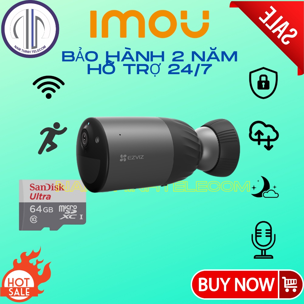 Camera không dây EZVIZ BC1C dùng pin ngoài trời, màu ban đêm, năng lượng mặt trời, đàm thoại 2 chiều, chính hãng