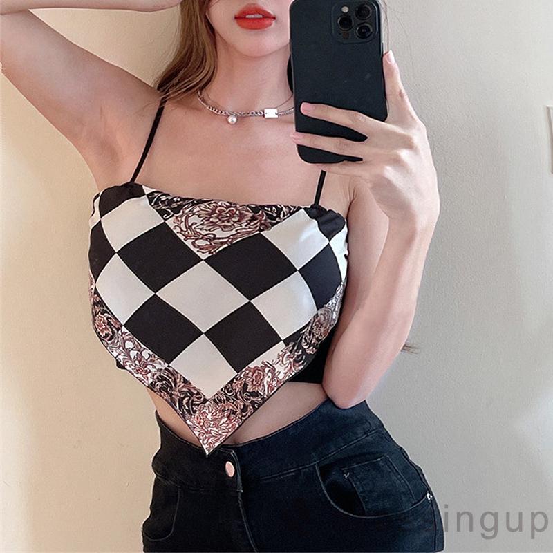 Áo croptop không tay họa tiết kẻ sọc caro thời trang xuân hè cho nữ