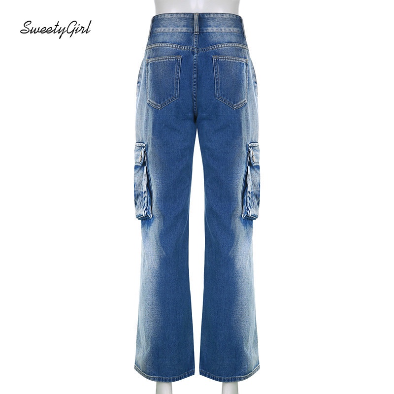 Quần Jeans Denim Lưng Thấp Dáng Rộng Phối Túi Phong Cách Retro Thời Trang 2022 Dành Cho Nữ