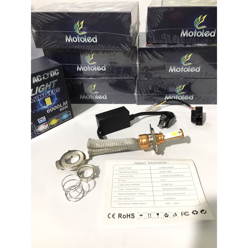 Đèn pha led râu 3 Tim đủ chân 2in1 T19 H4 Motoled 60W 6000lument IP67 Mã 7374 TDA5