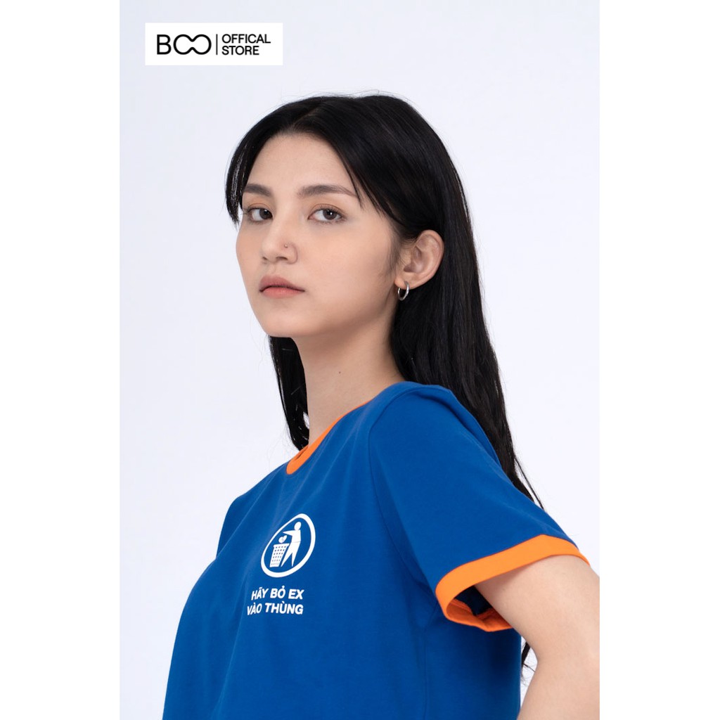 Áo Croptop Nữ BOO Form Rộng 100% Cotton Màu Xanh Coban Hottrends In Hình Bỏ EX Phối Viền Tay Cam