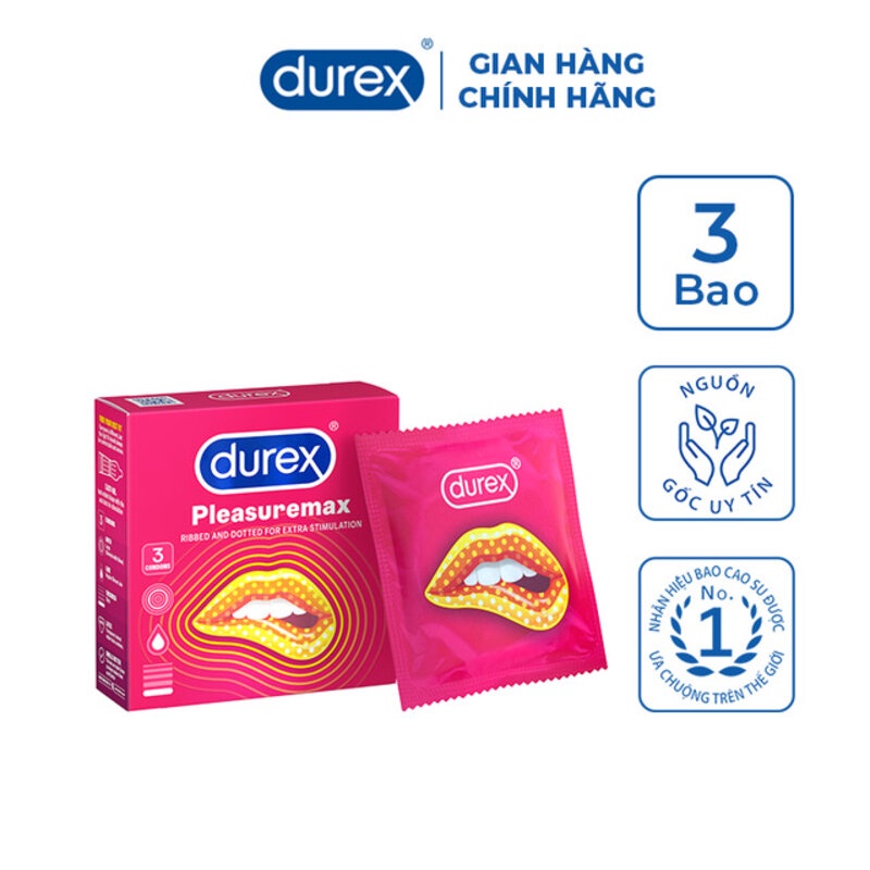Bao cao su gai Durex Pleasuremax hộp 3 cái gân gai, tăng khoái cảm