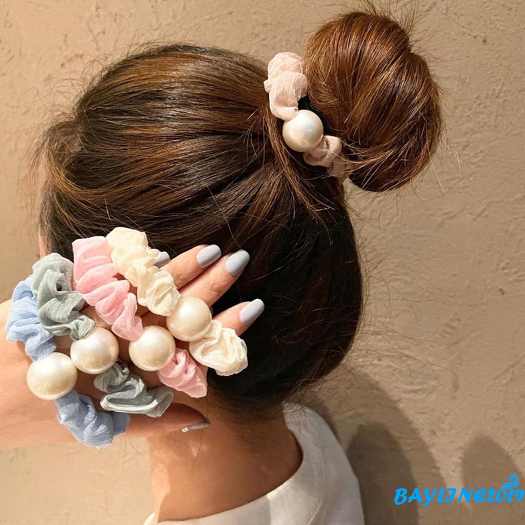 BAY- Dây buộc tóc đính ngọc trai màu trơn cho nữ màu be/ nâu/ xanh lá/ vàng