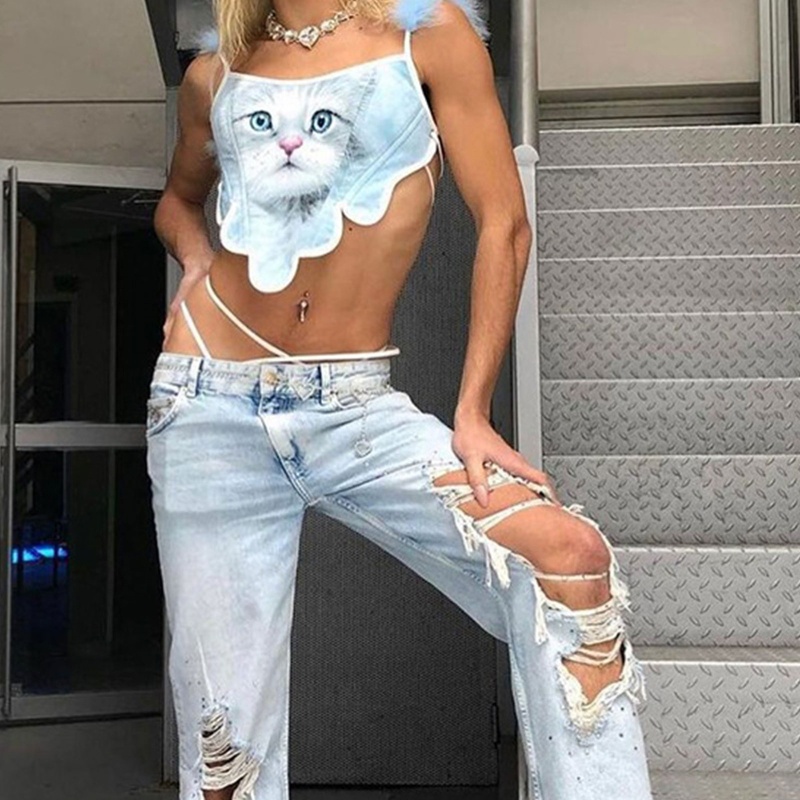 Áo Nịt Ngực Không Tay In Hình Mèo Phong Cách Vintage Quyến Rũ Cho Nữ