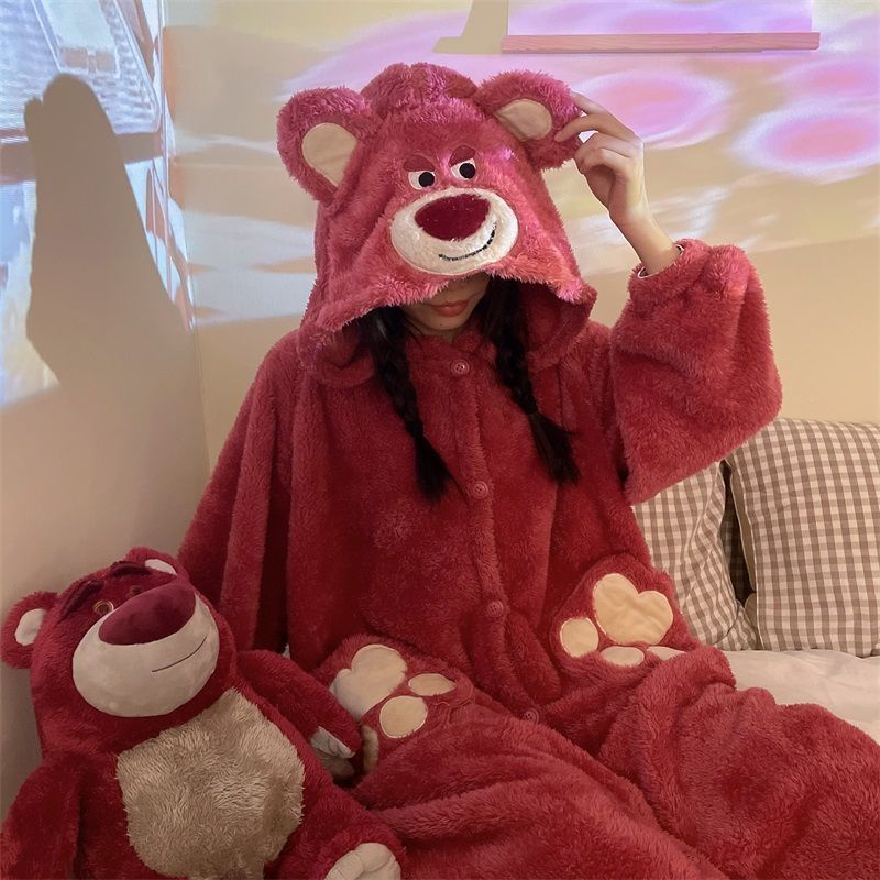❤️❤️ Bộ Đồ Ngủ Vải Nỉ Lông Cừu San Hô Dày In Hình Gấu/ Dâu Tây Dễ Thương Thời Trang Mùa Đông Cho Nữ 2023