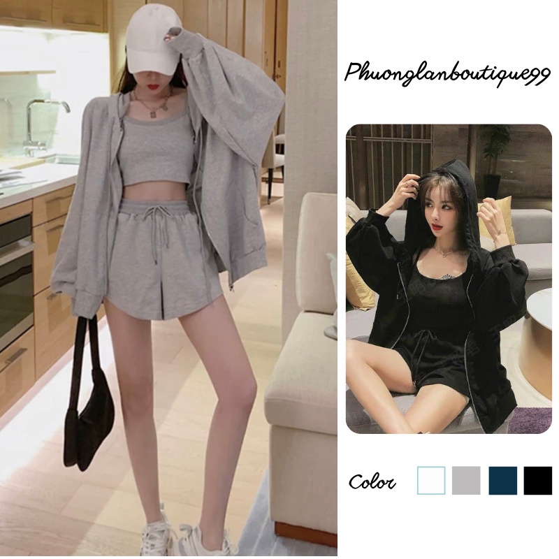 Set đồ, Set 3 món hoodie và áo hai dây và quần PHULA tay phồng form rộng chất nỉ tàu dành cho nữ có dây kéo Ulzzang