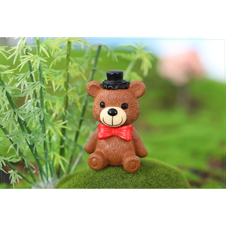 Mô hình gấu Teddy đeo nơ đội mũ cho các bạn trang trí móc khóa, tiểu cảnh, terrarium, DIY