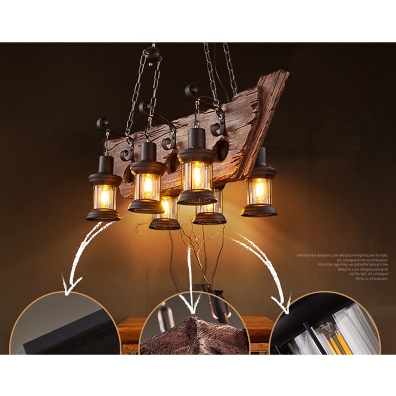 Retro tàu gỗ đèn chùm thả trần decor vintage trang trí nhà hàng, quán bar phong cách cổ điển