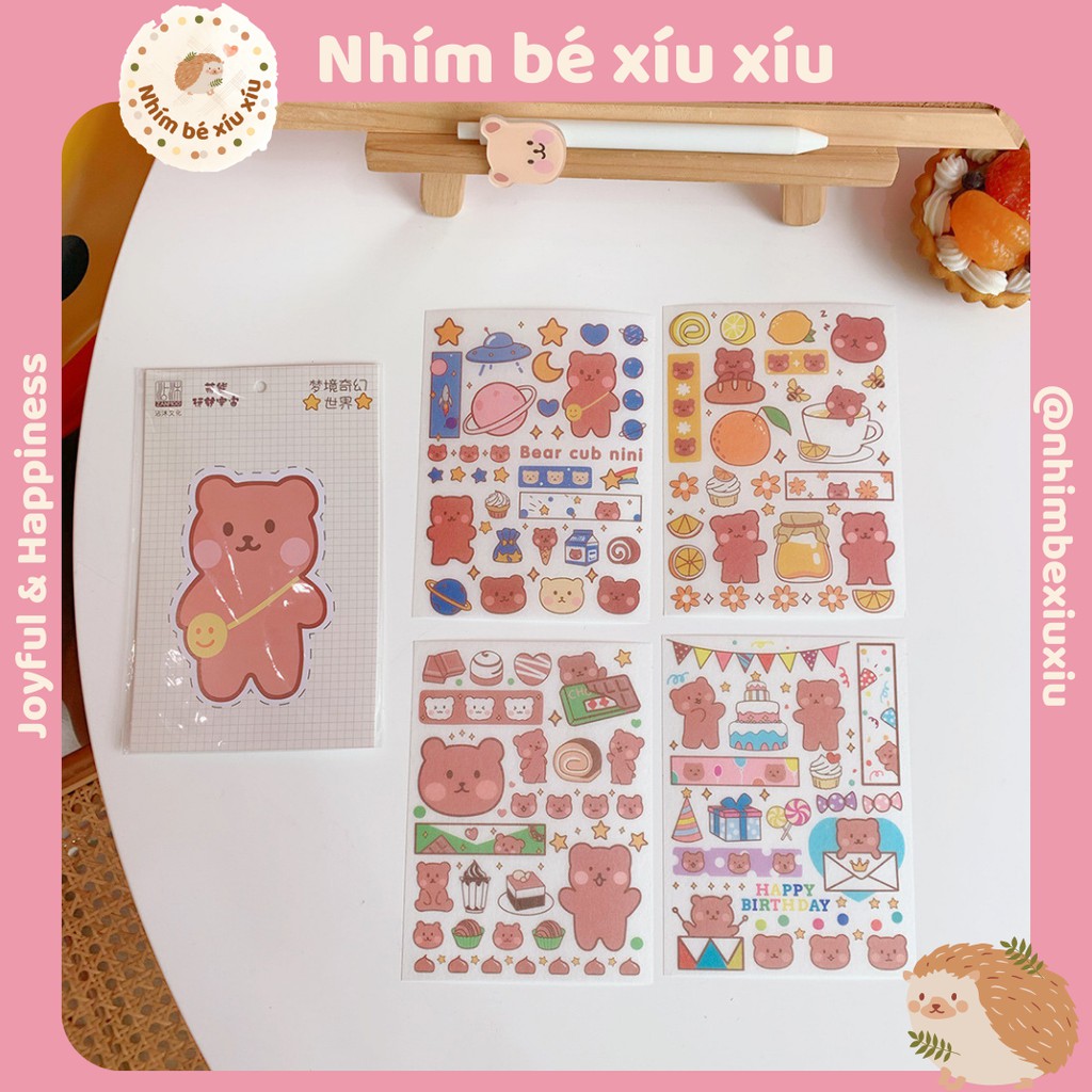 Set 4 tấm sticker gấu thỏ cute (10.2*13.8cm/tấm) 120 chi tiết