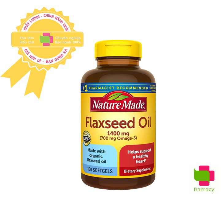 Dầu hạt lanh hữu cơ Nature Made Flaxseed Oil 1400mg, Mỹ (300v) bổ sung Omega 3-6-9 cho người từ 18 tuổi