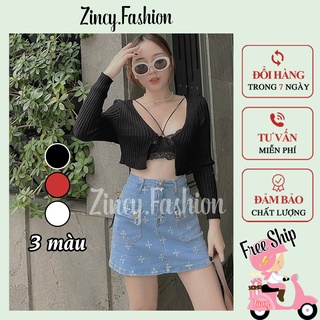 Áo khoác cardigan tay dài phối dây xích ngực chất thun len gân Áo croptop sexy thời trang