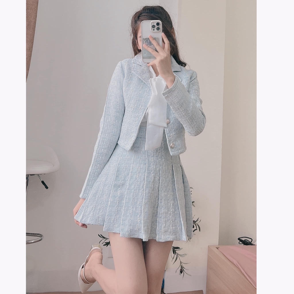 Set Dạ Tweed Kèm Chân Váy Xếp Ly Cúc Ngọc