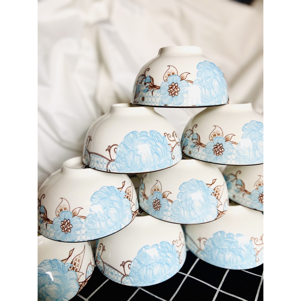 [HÀNG CAO CẤP] Bộ 10 chén ăn cơm sứ cao cấp, họa tiết hoa 3d, miệng bát kẻ chỉ màu, set 10 bát ăn cơm- gốm sứ Camellia