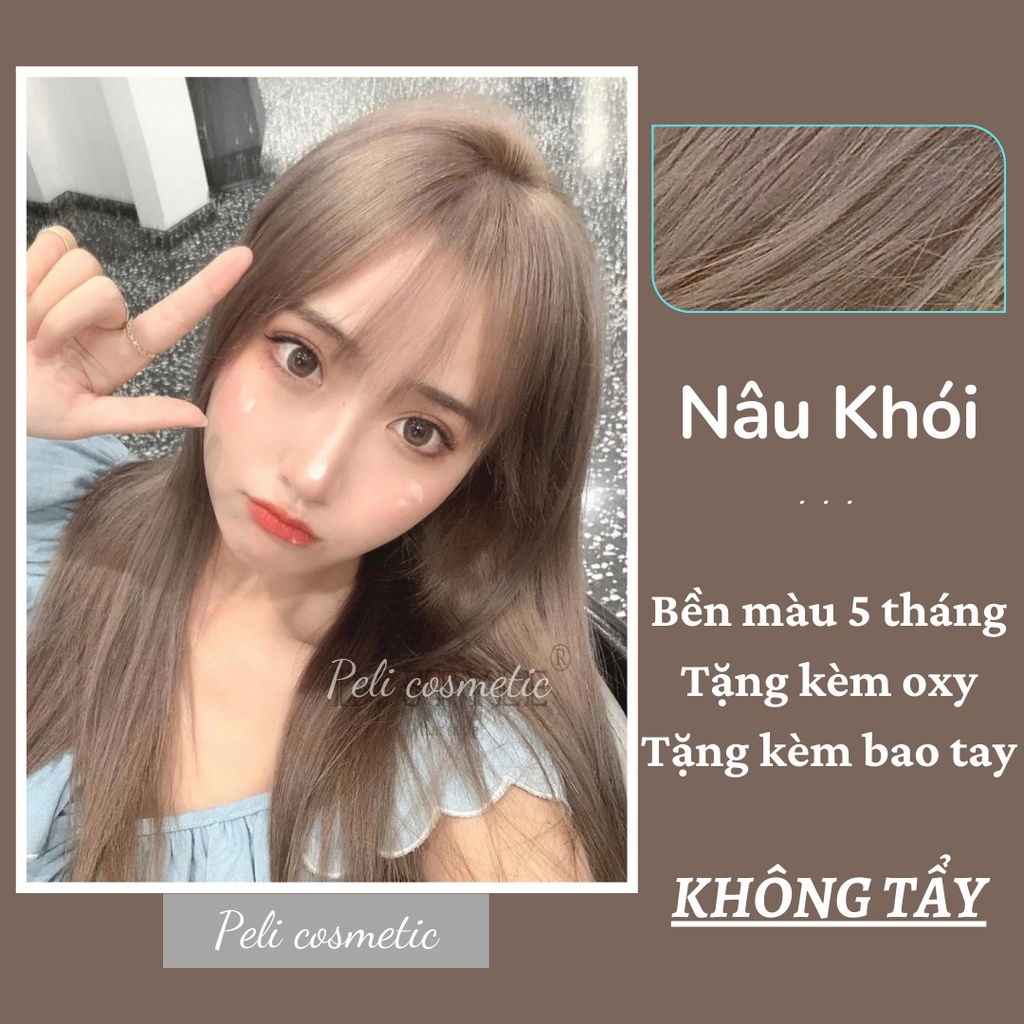 Thuốc Nhuộm Tóc . Nhuộm Tóc Màu Nâu Khói, Thuốc Nhuộm Tóc Không Tẩy Lên Từ Nền Vàng [Tặng Kèm Oxy Trợ Dưỡng Và Bao Tay ]