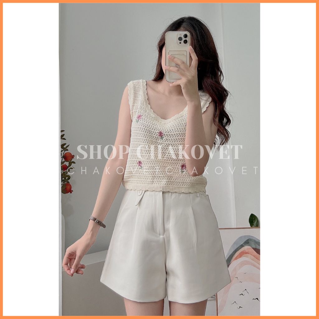 Áo len ba lỗ dáng Croptop tiểu thư A8402 Áo 2 dây bản to dệt kim thêu họa tiết hoa xinh xắn thời trang Hàn Quốc cực HOT