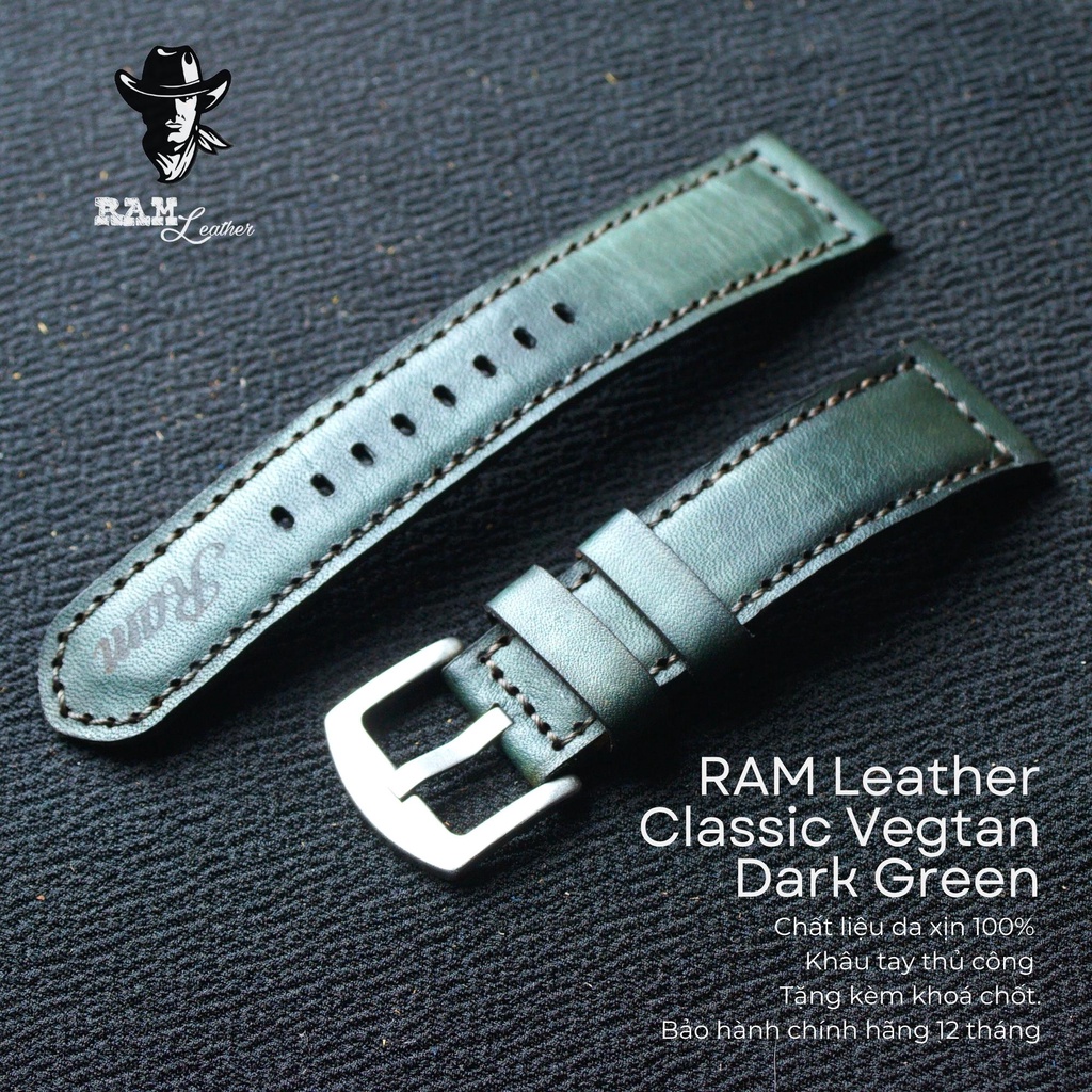 Dây Đồng Hồ AE 1200 WHD Da Bò Thật Bền Đẹp Vegtan Xanh Đậm - RAM Classic 1970