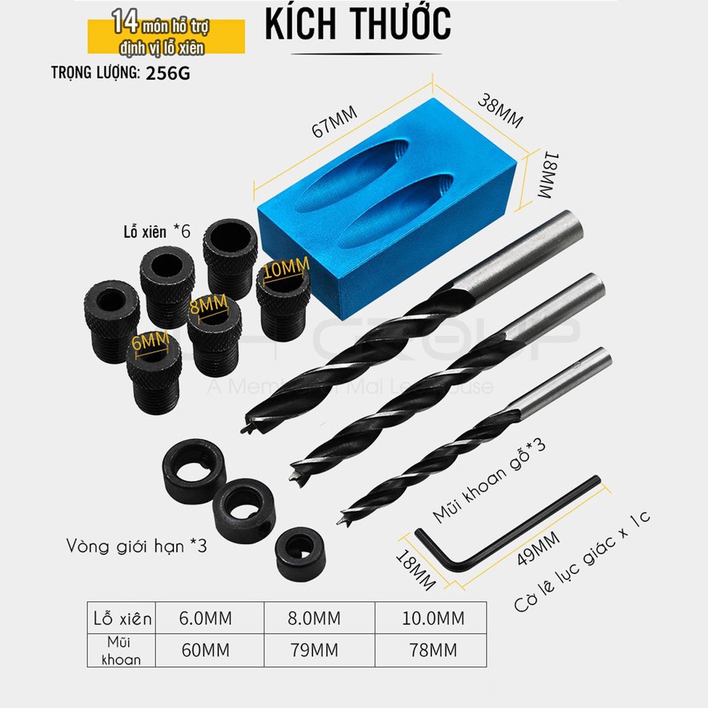 Bộ Định Vị Mũi Lỗ Khoan Xiên Chéo, Định Vị Lỗ Nghiêng 15 Độ (6mm/8mm/10mm) Gồm 14 chi tiết Chất Liêu Nhôm Kim Loại MLH