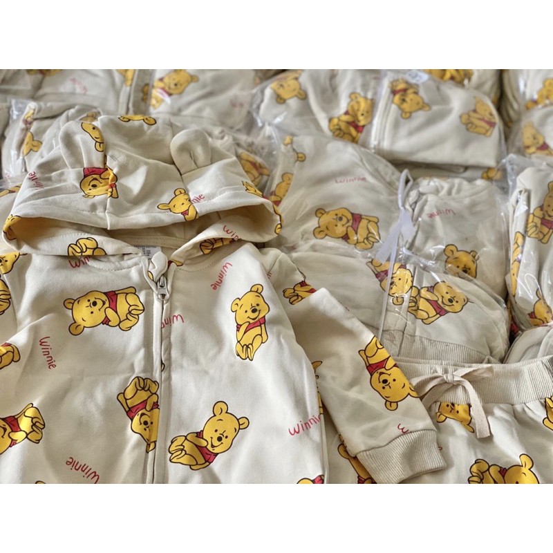 Bộ nỉ kéo khoá có mũ gấu Pooh HM 1-6Y (có ảnh thật)