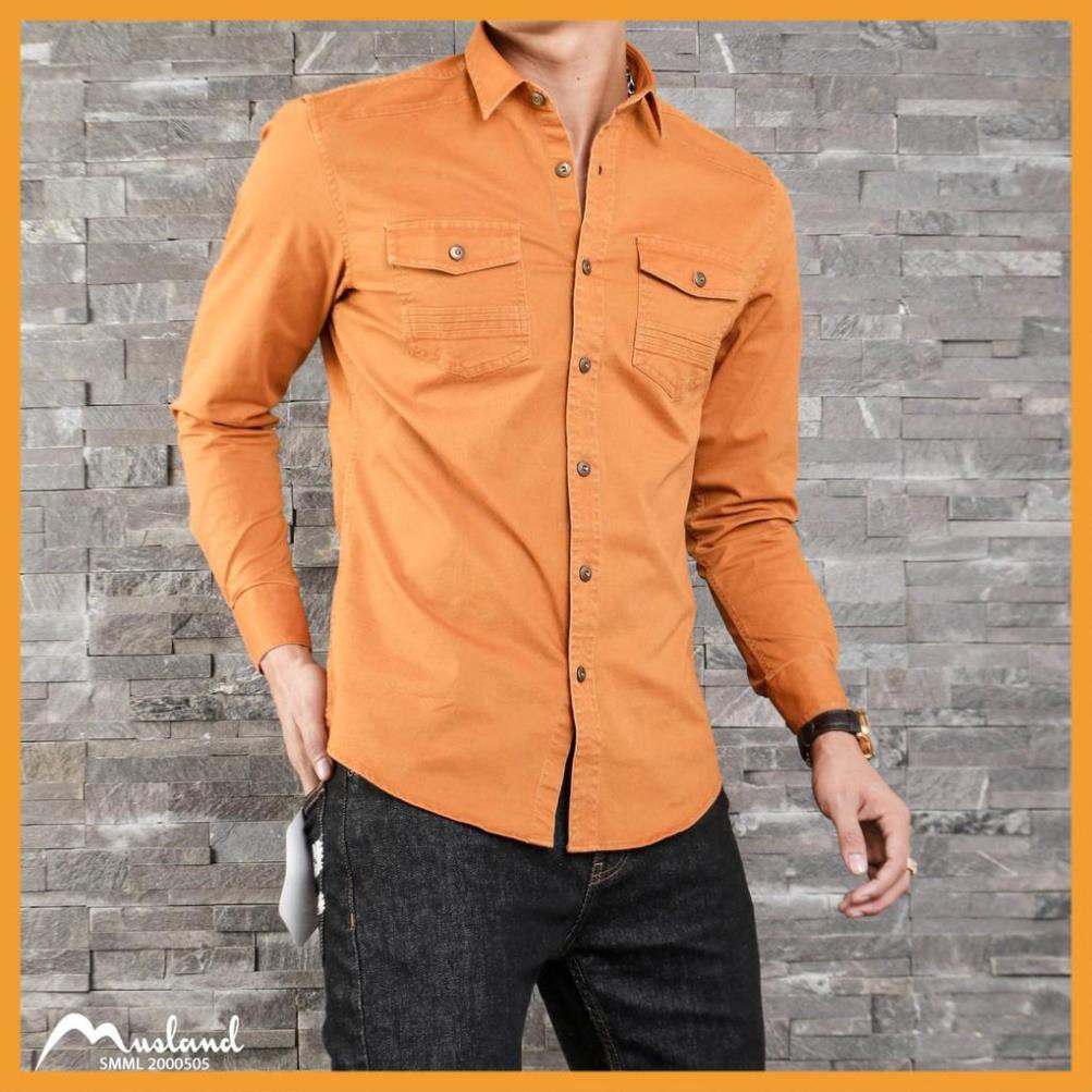 Áo sơ mi denim nam MUSLAND cổ bẻ 2 túi ngực màu vàng 200505